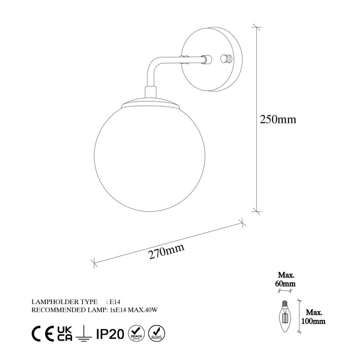Opviq Lámpara de pared negra con tapa de cristal